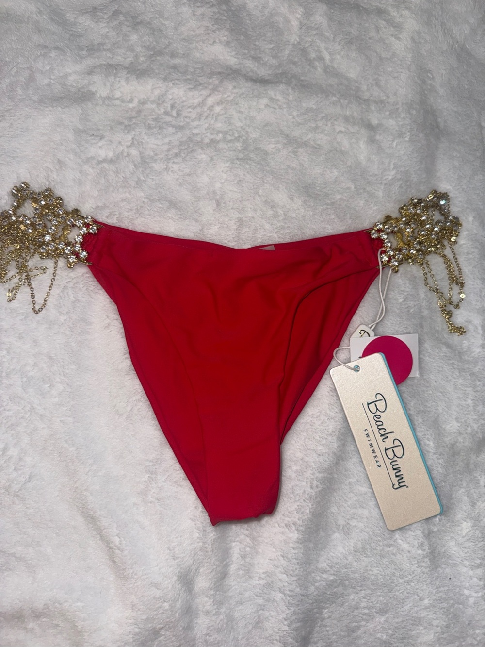Beach Bunny Red Bikini Bottom with Gold Chain Accents